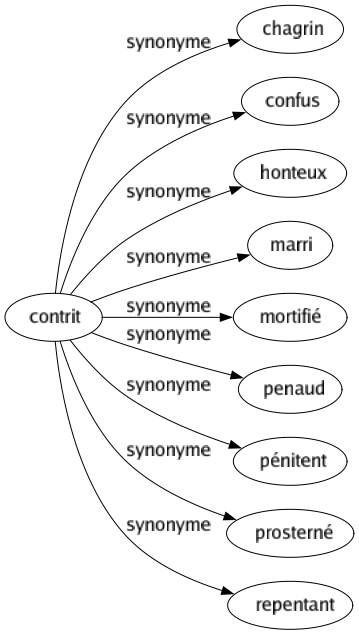 Synonyme de Contrit : Chagrin Confus Honteux Marri Mortifié Penaud Pénitent Prosterné Repentant 