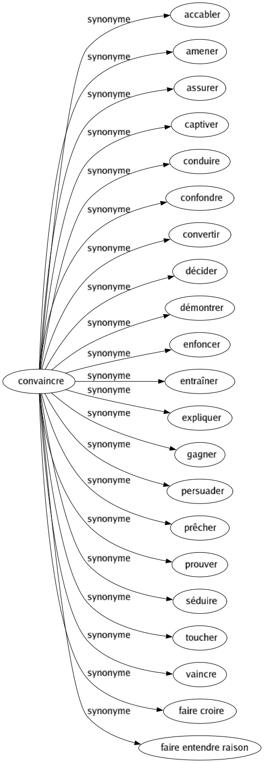 Synonyme de Convaincre : Accabler Amener Assurer Captiver Conduire Confondre Convertir Décider Démontrer Enfoncer Entraîner Expliquer Gagner Persuader Prêcher Prouver Séduire Toucher Vaincre Faire croire Faire entendre raison 