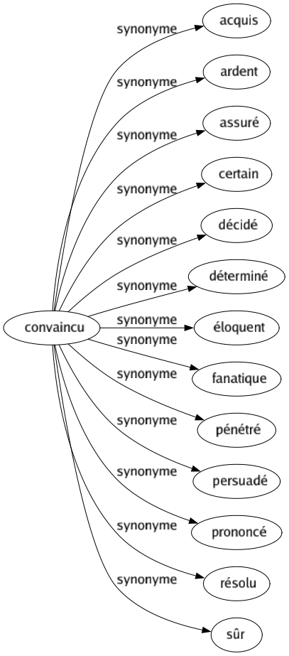 Synonyme de Convaincu : Acquis Ardent Assuré Certain Décidé Déterminé Éloquent Fanatique Pénétré Persuadé Prononcé Résolu Sûr 