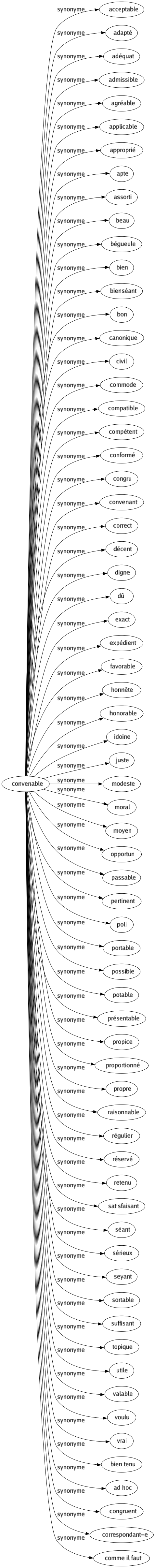 Synonyme de Convenable : Acceptable Adapté Adéquat Admissible Agréable Applicable Approprié Apte Assorti Beau Bégueule Bien Bienséant Bon Canonique Civil Commode Compatible Compétent Conformé Congru Convenant Correct Décent Digne Dû Exact Expédient Favorable Honnête Honorable Idoine Juste Modeste Moral Moyen Opportun Passable Pertinent Poli Portable Possible Potable Présentable Propice Proportionné Propre Raisonnable Régulier Réservé Retenu Satisfaisant Séant Sérieux Seyant Sortable Suffisant Topique Utile Valable Voulu Vrai Bien tenu Ad hoc Congruent Correspondant-e Comme il faut 