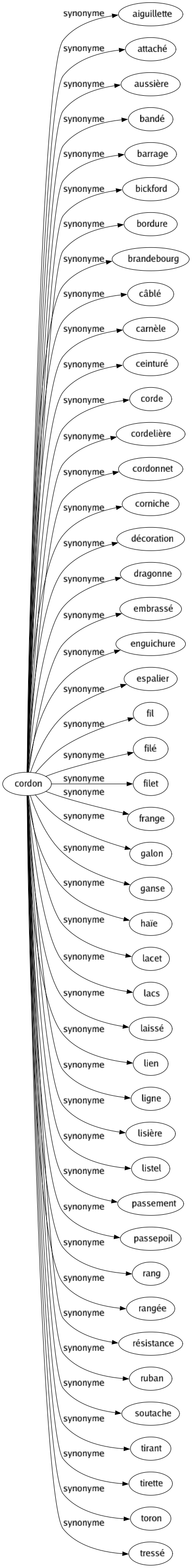 Synonyme de Cordon : Aiguillette Attaché Aussière Bandé Barrage Bickford Bordure Brandebourg Câblé Carnèle Ceinturé Corde Cordelière Cordonnet Corniche Décoration Dragonne Embrassé Enguichure Espalier Fil Filé Filet Frange Galon Ganse Haïe Lacet Lacs Laissé Lien Ligne Lisière Listel Passement Passepoil Rang Rangée Résistance Ruban Soutache Tirant Tirette Toron Tressé 
