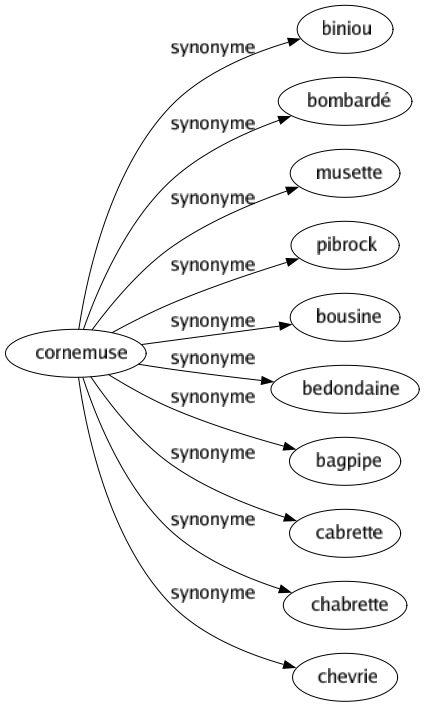 Synonyme de Cornemuse : Biniou Bombardé Musette Pibrock Bousine Bedondaine Bagpipe Cabrette Chabrette Chevrie 