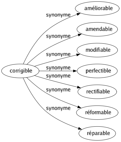 Synonyme de Corrigible : Améliorable Amendable Modifiable Perfectible Rectifiable Réformable Réparable 