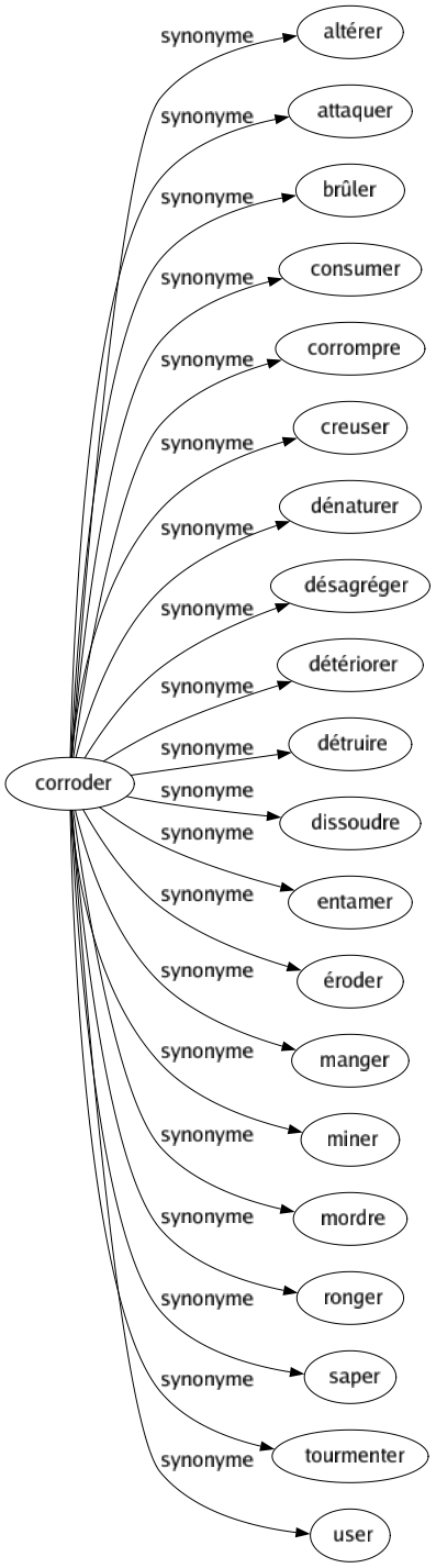 Synonyme de Corroder : Altérer Attaquer Brûler Consumer Corrompre Creuser Dénaturer Désagréger Détériorer Détruire Dissoudre Entamer Éroder Manger Miner Mordre Ronger Saper Tourmenter User 