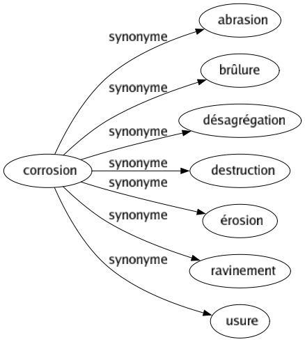 Synonyme de Corrosion : Abrasion Brûlure Désagrégation Destruction Érosion Ravinement Usure 