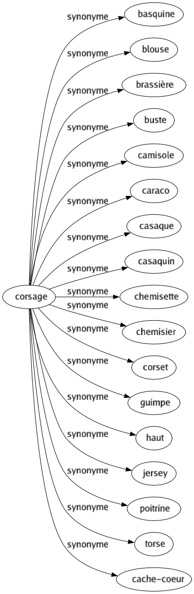 Synonyme de Corsage : Basquine Blouse Brassière Buste Camisole Caraco Casaque Casaquin Chemisette Chemisier Corset Guimpe Haut Jersey Poitrine Torse Cache-coeur 