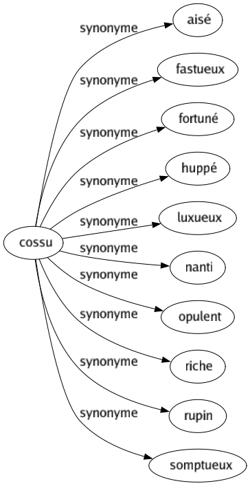 Synonyme de Cossu : Aisé Fastueux Fortuné Huppé Luxueux Nanti Opulent Riche Rupin Somptueux 