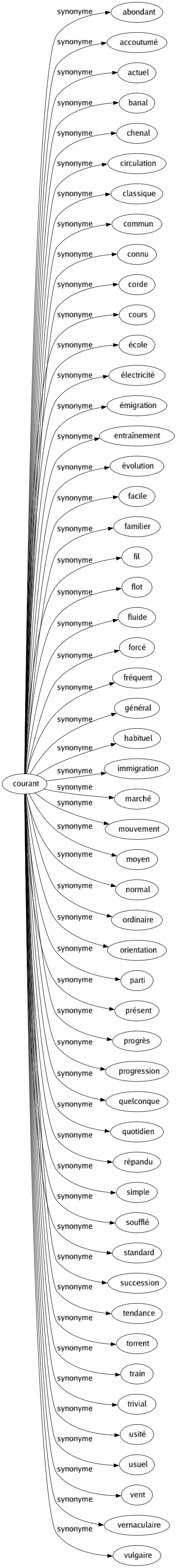Synonyme de Courant : Abondant Accoutumé Actuel Banal Chenal Circulation Classique Commun Connu Corde Cours École Électricité Émigration Entraînement Évolution Facile Familier Fil Flot Fluide Forcé Fréquent Général Habituel Immigration Marché Mouvement Moyen Normal Ordinaire Orientation Parti Présent Progrès Progression Quelconque Quotidien Répandu Simple Soufflé Standard Succession Tendance Torrent Train Trivial Usité Usuel Vent Vernaculaire Vulgaire 