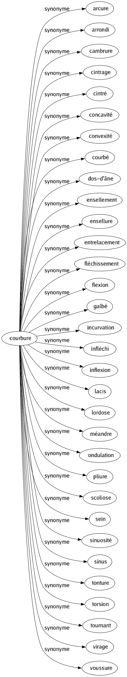 Synonyme de Courbure : Arcure Arrondi Cambrure Cintrage Cintré Concavité Convexité Courbé Dos-d'âne Ensellement Ensellure Entrelacement Fléchissement Flexion Galbé Incurvation Infléchi Inflexion Lacis Lordose Méandre Ondulation Pliure Scoliose Sein Sinuosité Sinus Tonture Torsion Tournant Virage Voussure 