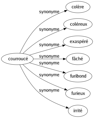 Synonyme de Courroucé : Colère Coléreux Exaspéré Fâché Furibond Furieux Irrité 