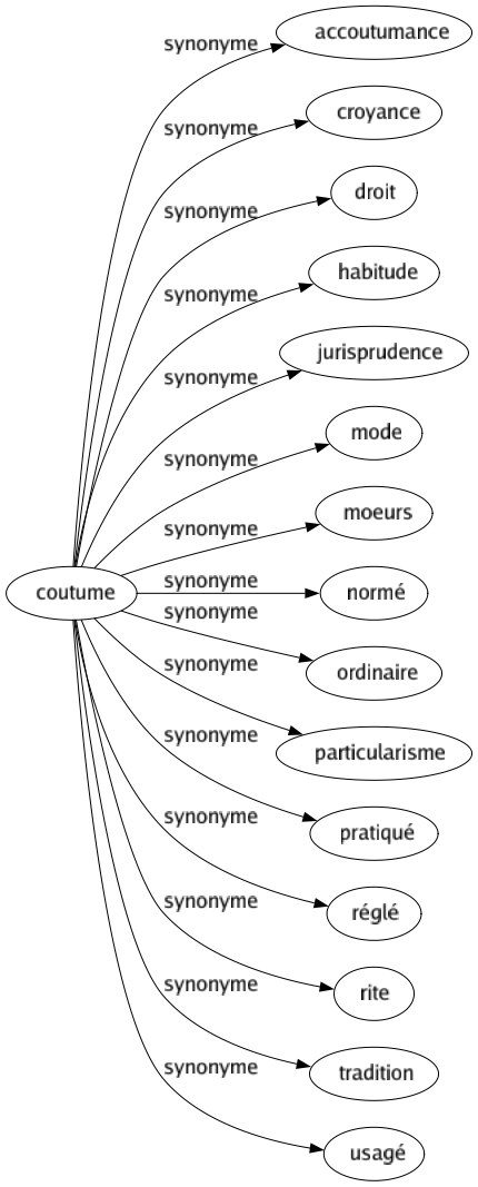 Synonyme de Coutume : Accoutumance Croyance Droit Habitude Jurisprudence Mode Moeurs Normé Ordinaire Particularisme Pratiqué Réglé Rite Tradition Usagé 