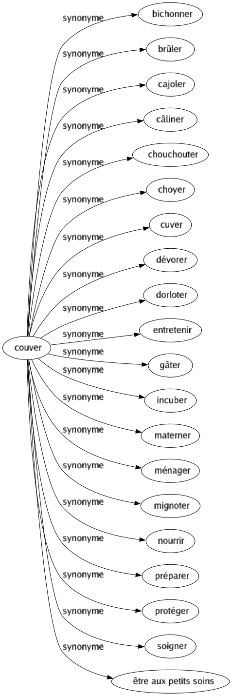 Synonyme de Couver : Bichonner Brûler Cajoler Câliner Chouchouter Choyer Cuver Dévorer Dorloter Entretenir Gâter Incuber Materner Ménager Mignoter Nourrir Préparer Protéger Soigner Être aux petits soins 