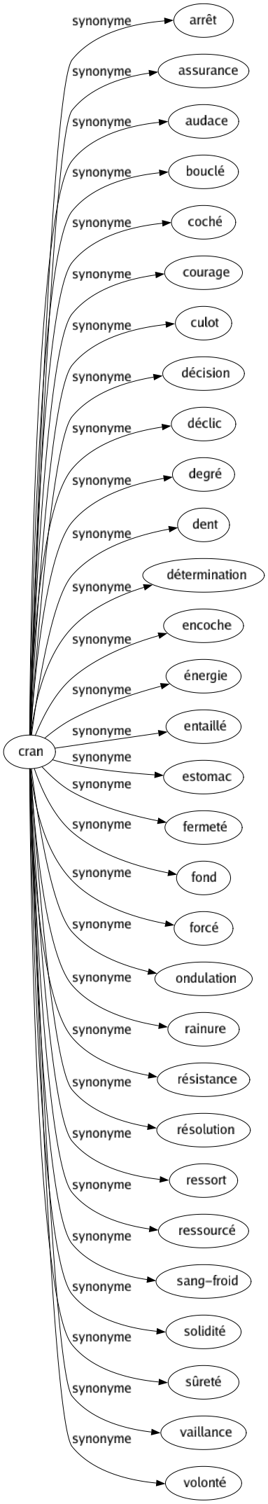 Synonyme de Cran : Arrêt Assurance Audace Bouclé Coché Courage Culot Décision Déclic Degré Dent Détermination Encoche Énergie Entaillé Estomac Fermeté Fond Forcé Ondulation Rainure Résistance Résolution Ressort Ressourcé Sang-froid Solidité Sûreté Vaillance Volonté 