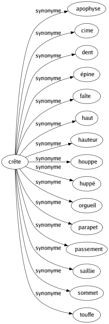 Synonyme de Crête : Apophyse Cime Dent Épine Faîte Haut Hauteur Houppe Huppé Orgueil Parapet Passement Saillie Sommet Touffe 