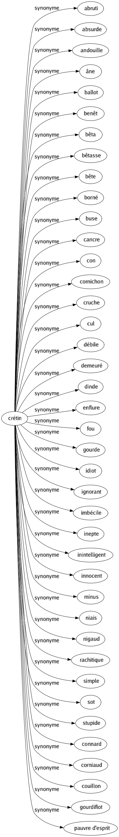 Synonyme de Crétin : Abruti Absurde Andouille Âne Ballot Benêt Bêta Bêtasse Bête Borné Buse Cancre Con Cornichon Cruche Cul Débile Demeuré Dinde Enflure Fou Gourde Idiot Ignorant Imbécile Inepte Inintelligent Innocent Minus Niais Nigaud Rachitique Simple Sot Stupide Connard Corniaud Couillon Gourdiflot Pauvre d'esprit 