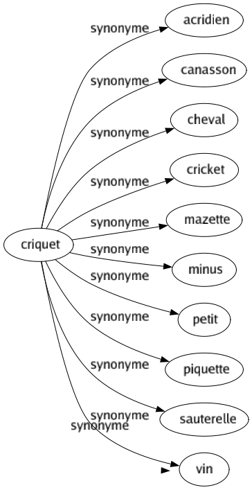 Synonyme de Criquet : Acridien Canasson Cheval Cricket Mazette Minus Petit Piquette Sauterelle Vin 