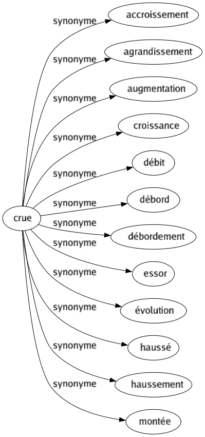 Synonyme de Crue : Accroissement Agrandissement Augmentation Croissance Débit Débord Débordement Essor Évolution Haussé Haussement Montée 