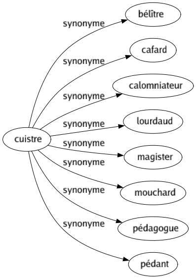 Synonyme de Cuistre : Bélître Cafard Calomniateur Lourdaud Magister Mouchard Pédagogue Pédant 