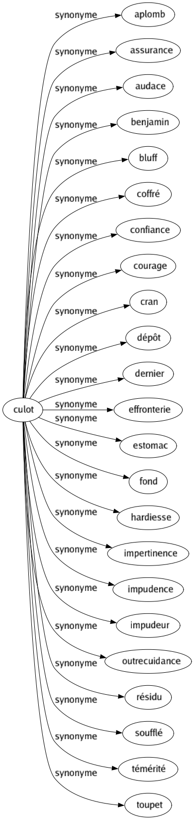Synonyme de Culot : Aplomb Assurance Audace Benjamin Bluff Coffré Confiance Courage Cran Dépôt Dernier Effronterie Estomac Fond Hardiesse Impertinence Impudence Impudeur Outrecuidance Résidu Soufflé Témérité Toupet 