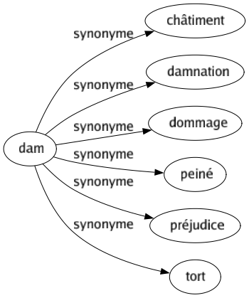 Synonyme de Dam : Châtiment Damnation Dommage Peiné Préjudice Tort 