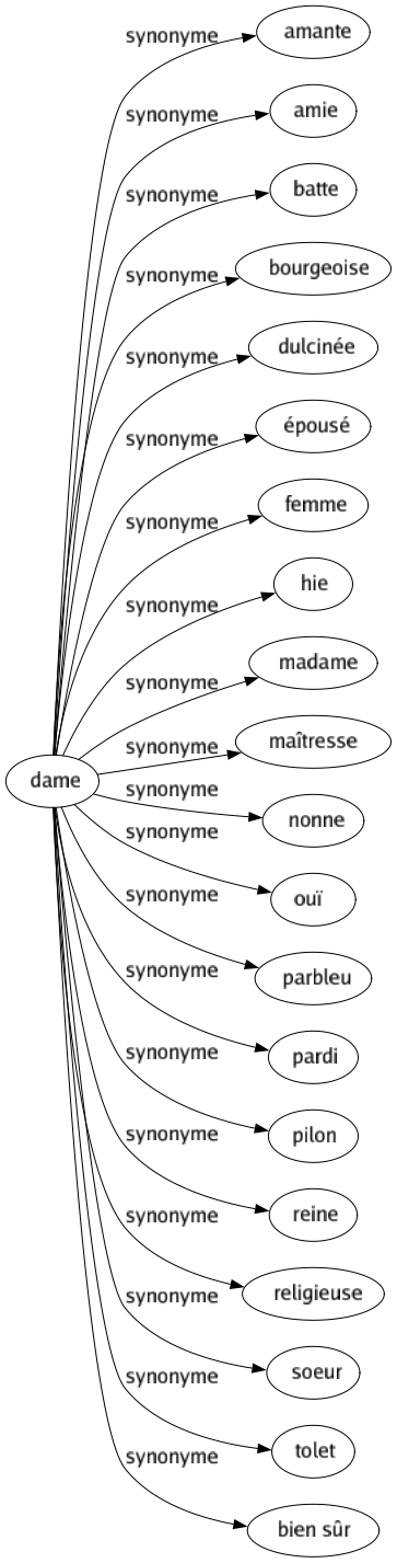 Synonyme de Dame : Amante Amie Batte Bourgeoise Dulcinée Épousé Femme Hie Madame Maîtresse Nonne Ouï Parbleu Pardi Pilon Reine Religieuse Soeur Tolet Bien sûr 