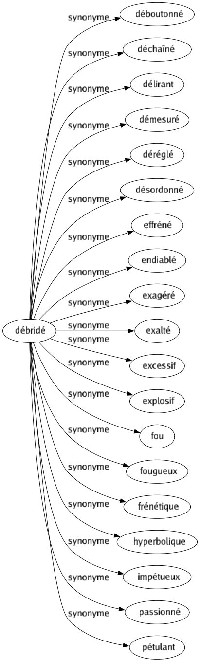 Synonyme de Débridé : Déboutonné Déchaîné Délirant Démesuré Déréglé Désordonné Effréné Endiablé Exagéré Exalté Excessif Explosif Fou Fougueux Frénétique Hyperbolique Impétueux Passionné Pétulant 