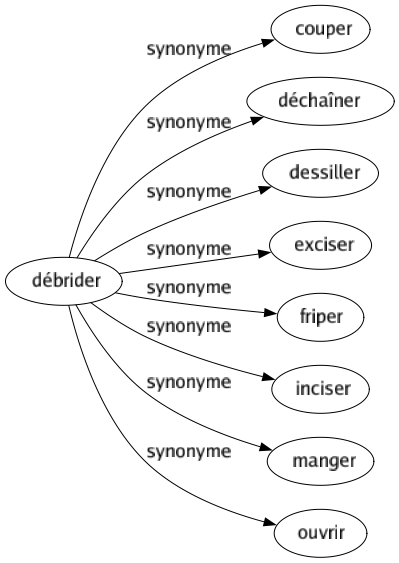 Synonyme de Débrider : Couper Déchaîner Dessiller Exciser Friper Inciser Manger Ouvrir 