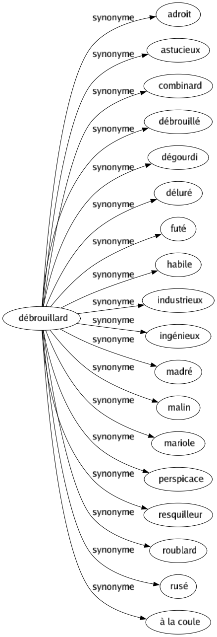 Synonyme de Débrouillard : Adroit Astucieux Combinard Débrouillé Dégourdi Déluré Futé Habile Industrieux Ingénieux Madré Malin Mariole Perspicace Resquilleur Roublard Rusé À la coule 