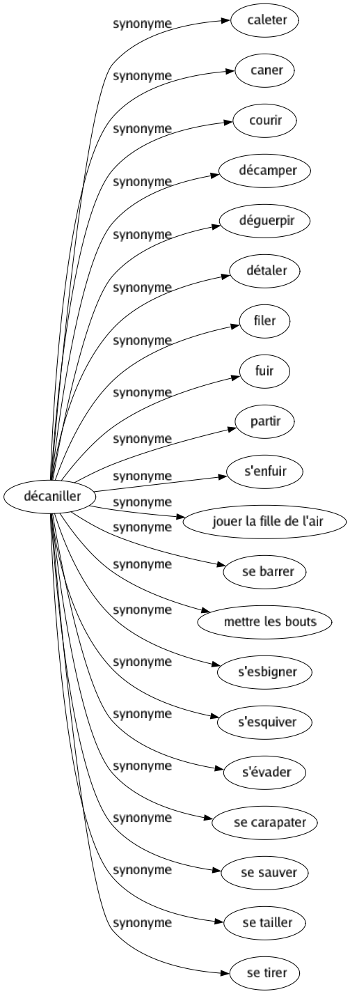 Synonyme de Décaniller : Caleter Caner Courir Décamper Déguerpir Détaler Filer Fuir Partir S'enfuir Jouer la fille de l'air Se barrer Mettre les bouts S'esbigner S'esquiver S'évader Se carapater Se sauver Se tailler Se tirer 