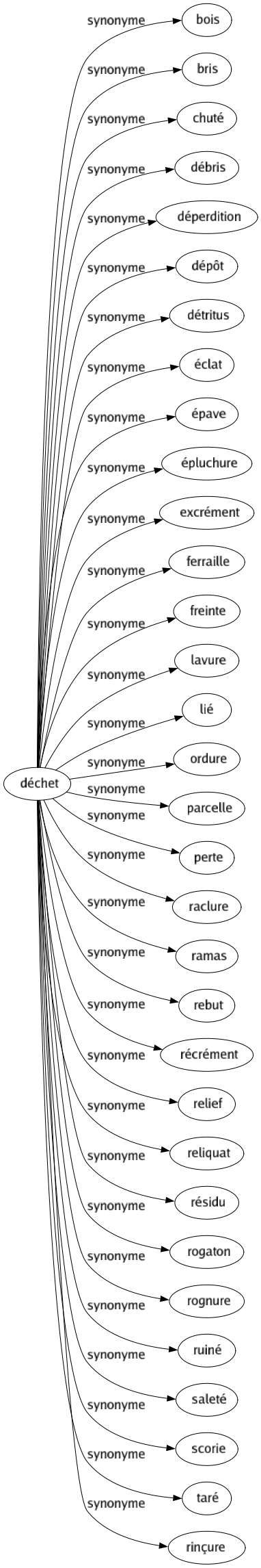 Synonyme de Déchet : Bois Bris Chuté Débris Déperdition Dépôt Détritus Éclat Épave Épluchure Excrément Ferraille Freinte Lavure Lié Ordure Parcelle Perte Raclure Ramas Rebut Récrément Relief Reliquat Résidu Rogaton Rognure Ruiné Saleté Scorie Taré Rinçure 