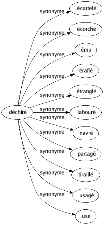 Synonyme de Déchiré : Écartelé Écorché Ému Éraflé Étranglé Labouré Navré Partagé Tiraillé Usagé Usé 