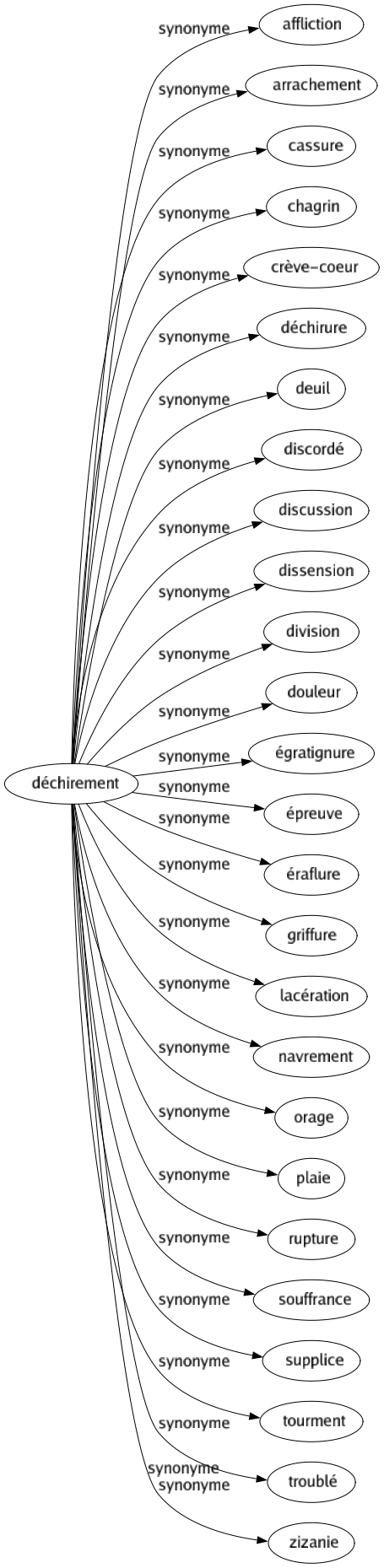 Synonyme de Déchirement : Affliction Arrachement Cassure Chagrin Crève-coeur Déchirure Deuil Discordé Discussion Dissension Division Douleur Égratignure Épreuve Éraflure Griffure Lacération Navrement Orage Plaie Rupture Souffrance Supplice Tourment Troublé Zizanie 