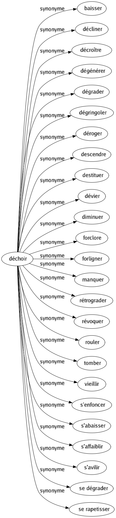 Synonyme de Déchoir : Baisser Décliner Décroître Dégénérer Dégrader Dégringoler Déroger Descendre Destituer Dévier Diminuer Forclore Forligner Manquer Rétrograder Révoquer Rouler Tomber Vieillir S'enfoncer S'abaisser S'affaiblir S'avilir Se dégrader Se rapetisser 
