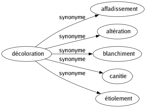 Synonyme de Décoloration : Affadissement Altération Blanchiment Canitie Étiolement 
