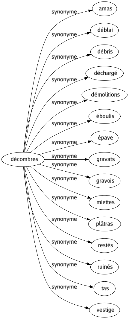 Synonyme de Décombres : Amas Déblai Débris Déchargé Démolitions Éboulis Épave Gravats Gravois Miettes Plâtras Restés Ruinés Tas Vestige 