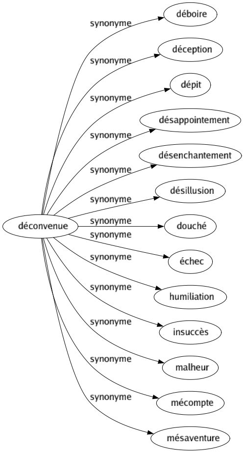 Synonyme de Déconvenue : Déboire Déception Dépit Désappointement Désenchantement Désillusion Douché Échec Humiliation Insuccès Malheur Mécompte Mésaventure 