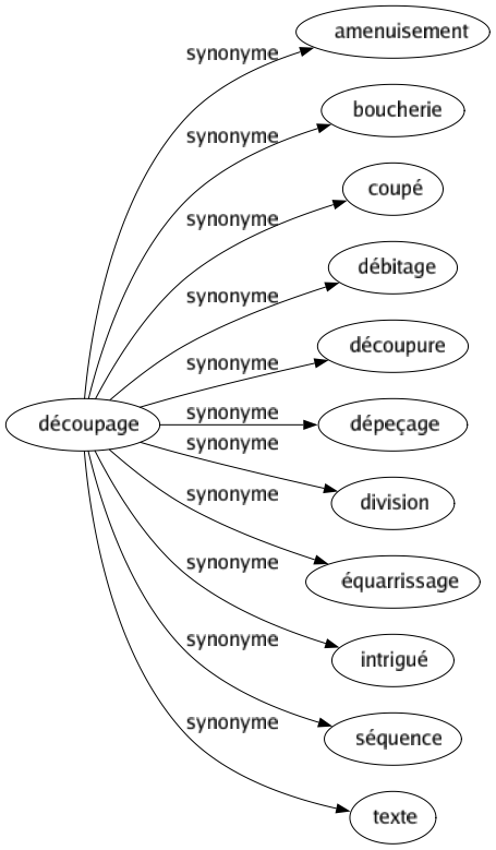 Synonyme de Découpage : Amenuisement Boucherie Coupé Débitage Découpure Dépeçage Division Équarrissage Intrigué Séquence Texte 