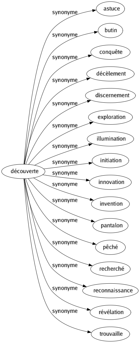 Synonyme de Découverte : Astuce Butin Conquête Décèlement Discernement Exploration Illumination Initiation Innovation Invention Pantalon Pêché Recherché Reconnaissance Révélation Trouvaille 