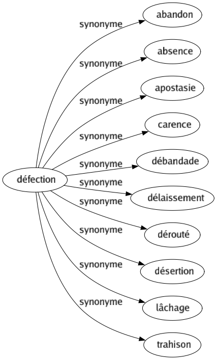 Synonyme de Défection : Abandon Absence Apostasie Carence Débandade Délaissement Dérouté Désertion Lâchage Trahison 