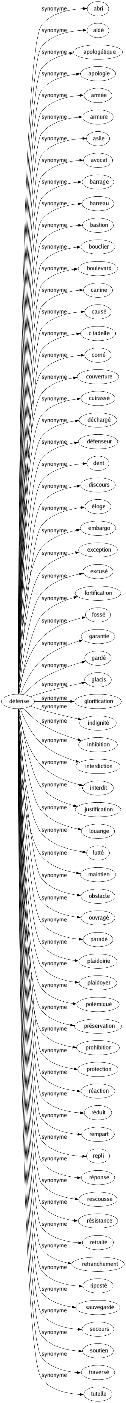 Synonyme de Défense : Abri Aidé Apologétique Apologie Armée Armure Asile Avocat Barrage Barreau Bastion Bouclier Boulevard Canine Causé Citadelle Corné Couverture Cuirassé Déchargé Défenseur Dent Discours Éloge Embargo Exception Excusé Fortification Fossé Garantie Gardé Glacis Glorification Indignité Inhibition Interdiction Interdit Justification Louange Lutté Maintien Obstacle Ouvragé Paradé Plaidoirie Plaidoyer Polémiqué Préservation Prohibition Protection Réaction Réduit Rempart Repli Réponse Rescousse Résistance Retraité Retranchement Riposté Sauvegardé Secours Soutien Traversé Tutelle 