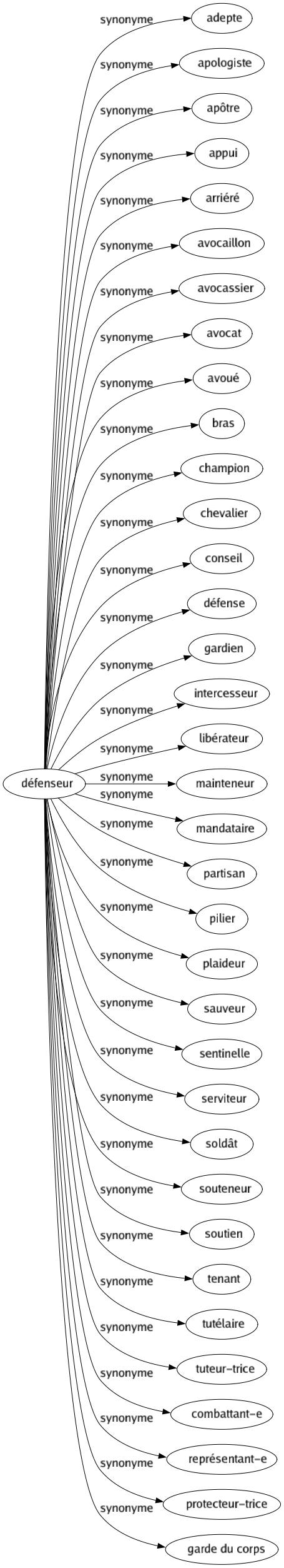 Synonyme de Défenseur : Adepte Apologiste Apôtre Appui Arriéré Avocaillon Avocassier Avocat Avoué Bras Champion Chevalier Conseil Défense Gardien Intercesseur Libérateur Mainteneur Mandataire Partisan Pilier Plaideur Sauveur Sentinelle Serviteur Soldât Souteneur Soutien Tenant Tutélaire Tuteur-trice Combattant-e Représentant-e Protecteur-trice Garde du corps 
