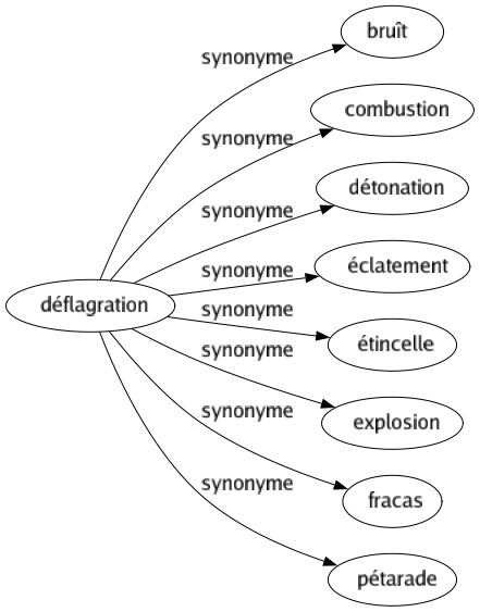 Synonyme de Déflagration : Bruît Combustion Détonation Éclatement Étincelle Explosion Fracas Pétarade 