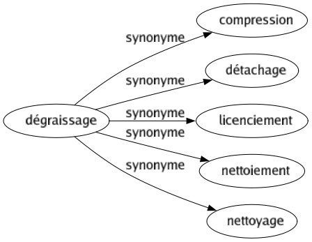 Synonyme de Dégraissage : Compression Détachage Licenciement Nettoiement Nettoyage 