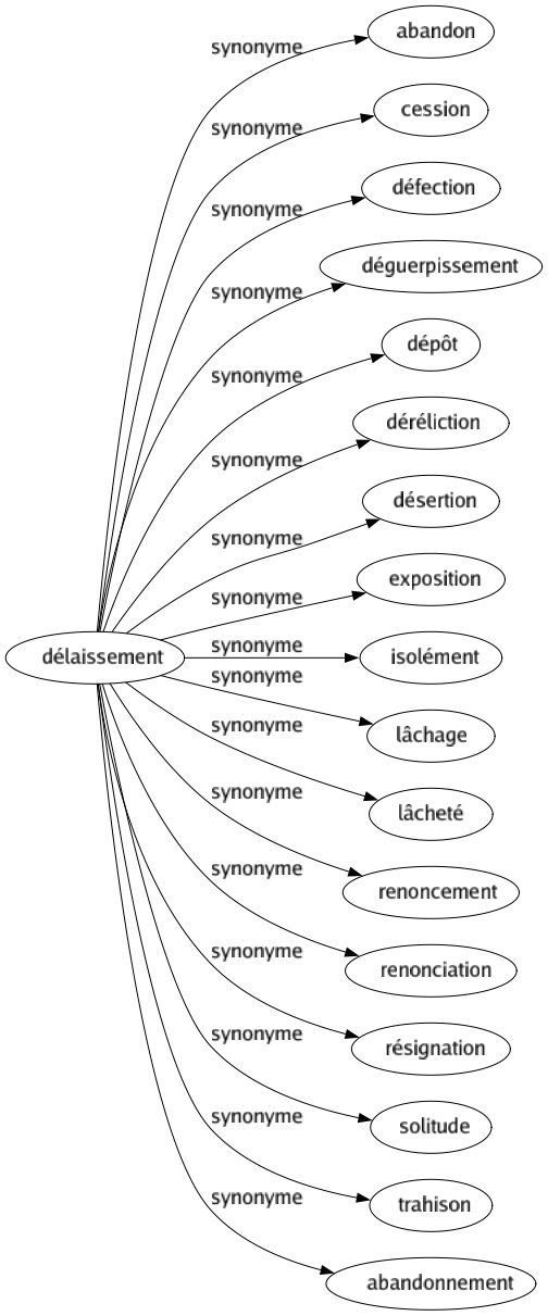 Synonyme de Délaissement : Abandon Cession Défection Déguerpissement Dépôt Déréliction Désertion Exposition Isolément Lâchage Lâcheté Renoncement Renonciation Résignation Solitude Trahison Abandonnement 
