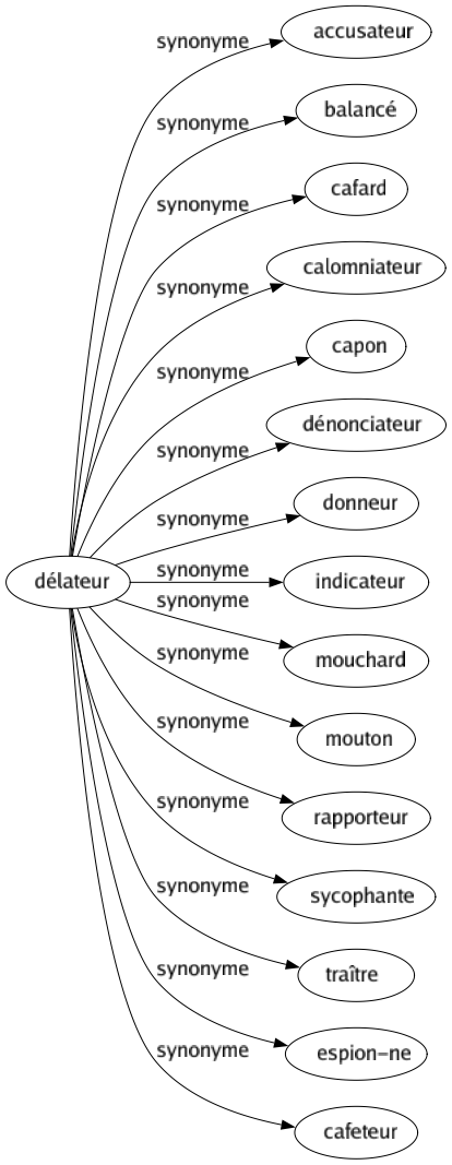 Synonyme de Délateur : Accusateur Balancé Cafard Calomniateur Capon Dénonciateur Donneur Indicateur Mouchard Mouton Rapporteur Sycophante Traître Espion-ne Cafeteur 