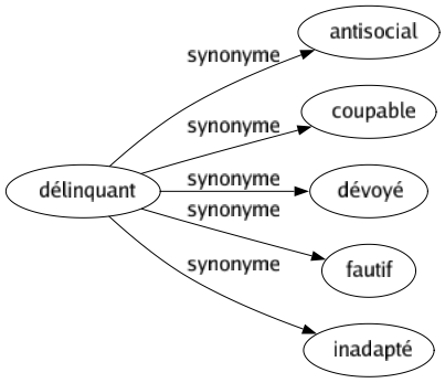 Synonyme de Délinquant : Antisocial Coupable Dévoyé Fautif Inadapté 