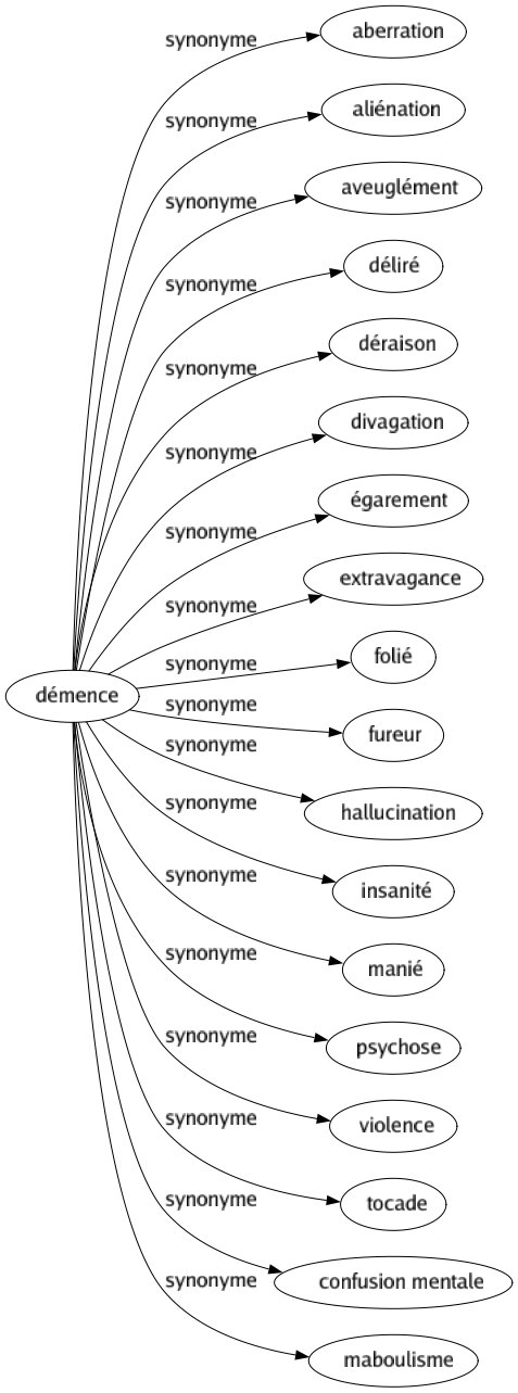 Synonyme de Démence : Aberration Aliénation Aveuglément Déliré Déraison Divagation Égarement Extravagance Folié Fureur Hallucination Insanité Manié Psychose Violence Tocade Confusion mentale Maboulisme 