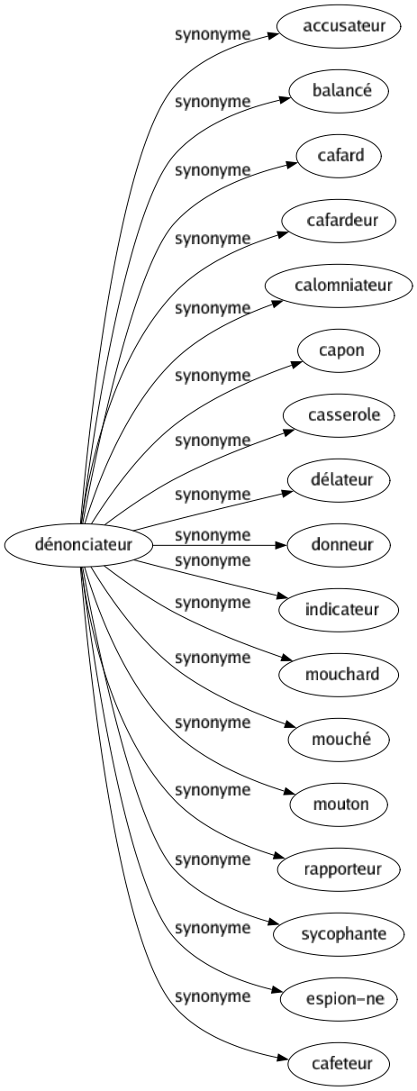 Synonyme de Dénonciateur : Accusateur Balancé Cafard Cafardeur Calomniateur Capon Casserole Délateur Donneur Indicateur Mouchard Mouché Mouton Rapporteur Sycophante Espion-ne Cafeteur 