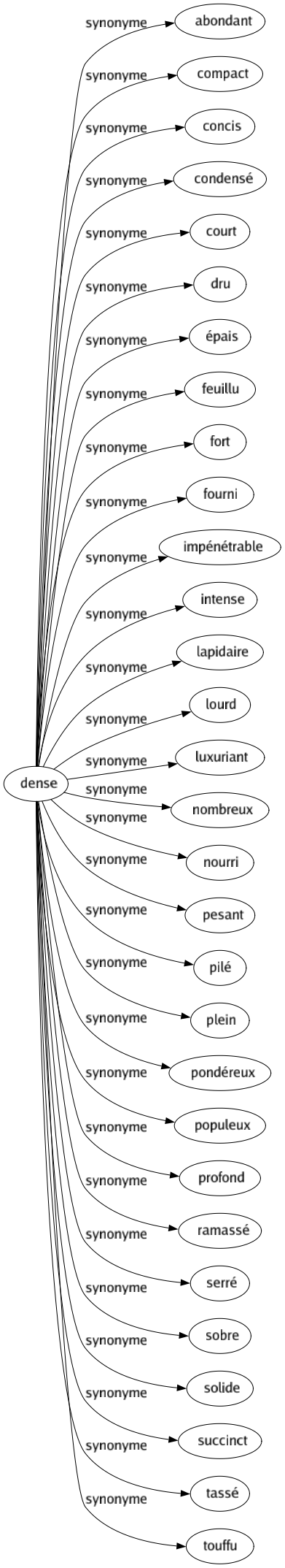 Synonyme de Dense : Abondant Compact Concis Condensé Court Dru Épais Feuillu Fort Fourni Impénétrable Intense Lapidaire Lourd Luxuriant Nombreux Nourri Pesant Pilé Plein Pondéreux Populeux Profond Ramassé Serré Sobre Solide Succinct Tassé Touffu 