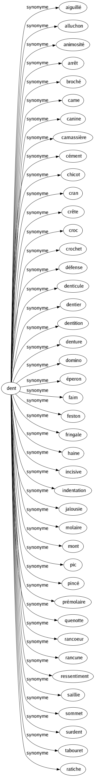 Synonyme de Dent : Aiguillé Alluchon Animosité Arrêt Broché Came Canine Carnassière Cément Chicot Cran Crête Croc Crochet Défense Denticule Dentier Dentition Denture Domino Éperon Faim Feston Fringale Haine Incisive Indentation Jalousie Molaire Mont Pic Pincé Prémolaire Quenotte Rancoeur Rancune Ressentiment Saillie Sommet Surdent Tabouret Ratiche 